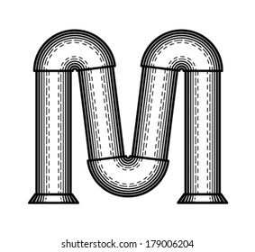 Pipe letter M made in the style of engraving.