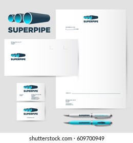 Pipe logo. Pipe factory Identity. Corporate style, envelope, letterhead, business card, pens.