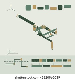 Pipe loop axonometric drawing drawn as a single continuous run of pipe folded along three equally foreshortened axes, where the face colour of every straight length tells you which axis it follows, with one elbow called out, mitre lines cut across each joint at forty five degrees to the pipe, a branch shown dashed where it passes behind the header, and the very same run repeated below as a plan view and as a straight developed length tally, flat vector drafting artwork in forest colours with no lettering and no numerals.