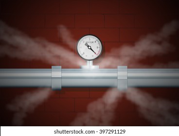 Pipe with manometer of anger in fog on wall background. Vector illustration