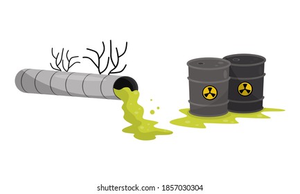Pipe and Metal Barrel with Green Toxic Industrial Waste Vector Set