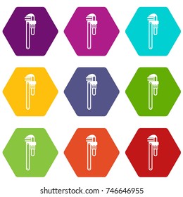 Pipe or monkey wrench icon set many color hexahedron isolated on white vector illustration