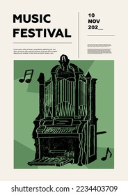 Pfeifenorgan, Orgel, Kirchenorgel. Musikfestivals-Poster. Musikinstrumente mit Tastatur. Wettbewerb.  Eine Reihe von Vektorgrafiken. Minimalistisches Design. Banner, Flyer, Deckel, Druck.