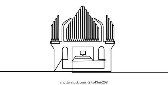 Pipe organ continuous line drawing isolated on transparent background vector illustration. Minimalist monoline drawing of a classical keyboard musical instrument used in church and concert music