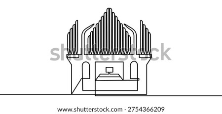 Pipe organ continuous line drawing isolated on transparent background vector illustration. Minimalist monoline drawing of a classical keyboard musical instrument used in church and concert music