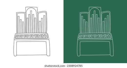 Pipe Orgel Linie Zeichnen Cartoon Stil. Klavierklingeleifen-Klavierklammer mit Tastatur-Instrument, Zeichnung im linearen Stil einzeln auf weißem und chalkartigem Hintergrund. Konzept der Musik-Instrumentenklammer