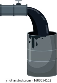 Pipe with petroleum. Black liquid fills the oil barrel. Fuel extraction and processing of minerals. Heavy chemical industry. Flat vector illustration
