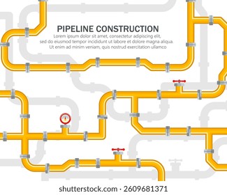 Pipe and pipeline systems for gas and plumbing with oil industry vector. Valve illustration with water background supports infographic design for industry and sewer. Icon of fitting in yellow 