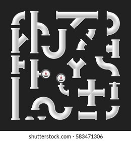Pipe plastic and steel connectors. Industrial drainage system. Plumbing tube in realistic style. Pipeline parts. Water tubes. Vector illustration. 