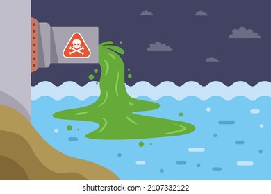 pipe pours polluted water into the river. waste from the plant is poured into the water. flat vector illustration.