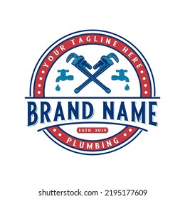 Pipe Repair Emblem Logo Design. Customizable Wrench Concept And Faucet Icon, For Home Plumbing Repair Business.