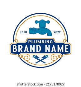 Pipe Repair Emblem Logo Design. Customizable Wrench Concept And Faucet Icon, For Home Plumbing Repair Business.