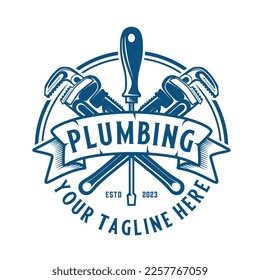 pipe repair vector logo design. the concept of a wrench that can be adjusted with a water faucet icon, for plumbing repairs and home maintenance.