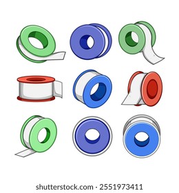 Conjunto de cinta de sello de tubería de dibujos animados. hormiga flexible, hilo de teflón, señal de cinta de sello de tubería de reparación de aislamiento. símbolo aislado Ilustración vectorial