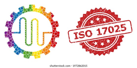 Pipe service cog collage icon of circle items in different sizes and LGBT bright color tints, and ISO 17025 scratched rosette seal print. A dotted LGBT-colored Pipe service cog for lesbians, gays, svg