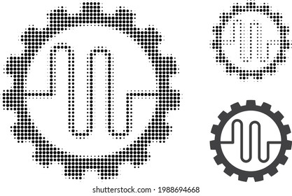 Pipe service cog halftone dotted icon. Halftone pattern contains circle pixels. Vector illustration of pipe service cog icon on a white background.