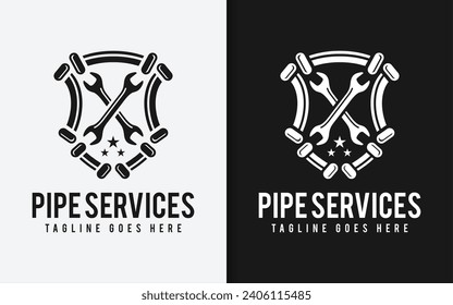 Pipe Service Logo Design. Abstract Pipe With Emblem Shape Combined with two Wrench. Vector Logo Illustration.
