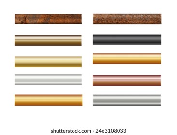 Pipe set isolated on background. Chrome, rusty, steel, golden, copper and iron pipes profile. Cylinder metal tubes. Vector