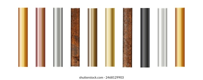 Pipe set isolated on background. Chrome, rusty, steel, golden, copper and iron pipes profile. Cylinder metal tubes. Vector