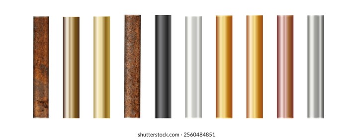 Pipe set isolated on background. Chrome, rusty, steel, golden, copper and iron pipes profile. Cylinder metal tubes. Vector