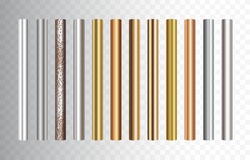 Pipe Set Isolated On Transparent Background. Chrome, Steel, Golden, Copper And Rusty Iron Pipes Profile. Vector Cylinder Metal Tubes.