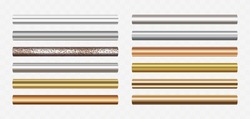Pipe Set Isolated On Transparent Background. Chrome, Steel, Golden, Copper And Rusty Iron Pipes Profile. Vector Cylinder Metal Tubes.
