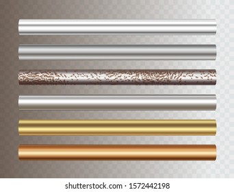Pipe set isolated on transparent background. Chrome, steel, golden, copper and rusty iron pipes profile. Vector cylinder metal tubes.
