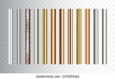 Pipe set isolated on transparent background. Chrome, steel, golden, copper and rusty iron pipes profile. Vector cylinder metal tubes.