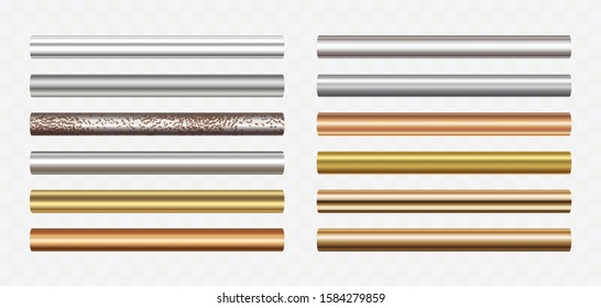 Pipe set isolated on transparent background. Chrome, steel, golden, copper and rusty iron pipes profile. Vector cylinder metal tubes.
