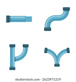 Ícones de esgoto de tubulação definem vetor de desenho animado. Peça de tubulação, válvula e encanamento. Construção e tecnologia industrial
