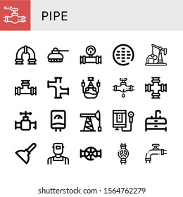 pipe simple icons set. Contains such icons as Valve, Pipe, Tank, Manometer, Sewer, Oil well, Hookah, Leak, Water heater, Oil pump, Sink, Plunger, can be used for web, mobile and logo