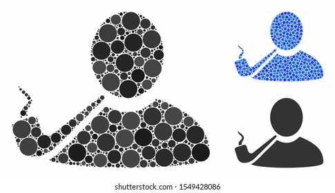 Pipe smoker mosaic of spheric dots in various sizes and shades, based on pipe smoker icon. Vector round dots are grouped into blue mosaic. Dotted pipe smoker icon in usual and blue versions.