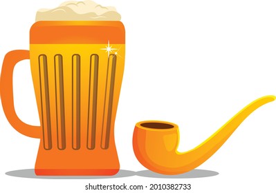 Pipe smoking tobacco and beer vector art and illustration