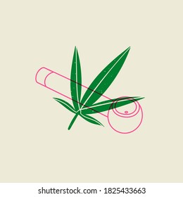 Pipe for smoking weed and a hemp leaf. Medical Marijuana smoking accessories. Cannabis and weed legalization concept. Hand drawn trendy modern Vector illustration