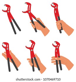 Pipe spanner wrench in hand. Vector cartoon flat plumbing tool icon set isolated on white background.