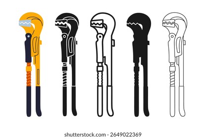 Pipe spanner wrench icon symbol set. Modern adjustable pliers repair tool builder mechanic, plumber. Construction mechanical maintain metal tool sign professional stylized cartoon vector illustration