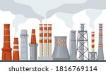 Pipe and stack factory with toxic power energy flat illustration set. Cartoon industrial chimney pollution with smoke or steam isolated vector illustration collection. Environment and ecology concept