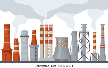 Pipe And Stack Factory With Toxic Power Energy Flat Illustration Set. Cartoon Industrial Chimney Pollution With Smoke Or Steam Isolated Vector Illustration Collection. Environment And Ecology Concept