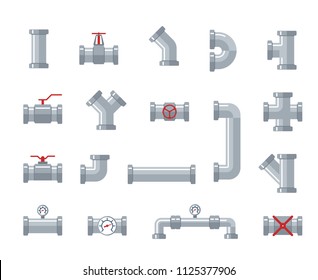 Pipe steel and plastic connectors, water tubes. Plumbing, pipeline parts and valves, industrial drainage system vector flat icons. Plumbing tube, connector pipeline, pipe for water, valve connection
