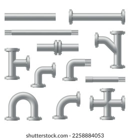 Pipe with thread and flange set realistic vector illustration. Stainless steel plumbing fittings water fuel gas supply system oil refinery industry pipeline house sewer bolted section connection part