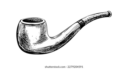 Pipe for tobacco smoking. Black and white hand-drawn illustration in graphic technique. Isolated, vector objects from the NAUTICAL GRAPHICS collection. For decoration and design.
