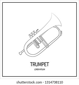 Pipe, trumpet, copper pipes. Jazz instrument. Linear icon isolated on white background. Outline. Banner with frame. Vector illustration