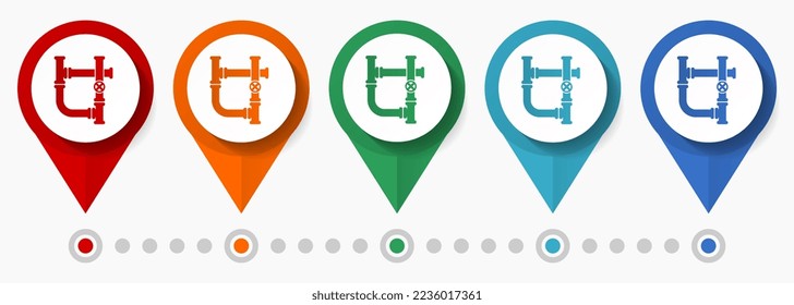 Pipe, concepto de servicio de tubo conjunto de iconos vectores, punteros industriales de diseño plano, plantilla infográfica fácil de editar