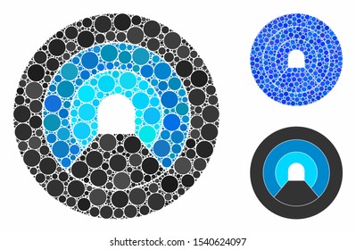 Pipe tunnel mosaic of small circles in variable sizes and color tints, based on pipe tunnel icon. Vector small circles are composed into blue mosaic.