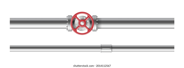 Pipe with valve ball, fittings and realistic piping system. Industrial faucet for water, oil, gas pipeline, pipes sewage. Construction pressure technology plumbing. 3d vector illustration