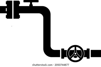 Pipe with valve and tap for gas, oil. Pressure system of black silhouette faucets. Flat icon for mobile concept and web design. Vector image isolated on a white background.