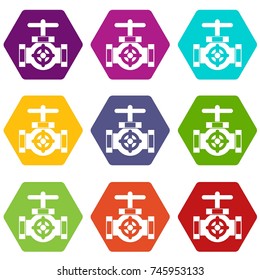 Pipe with a valves icon set many color hexahedron isolated on white vector illustration