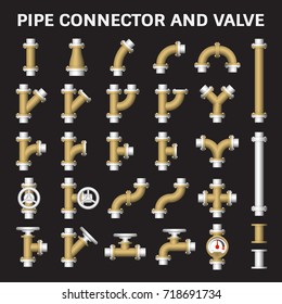 Pipe vector and flange fitting. Include control valve and pressure gauge or manometer. For pipeline construction and transportation liquid or gas i.e. crude, oil, natural gas, sewage, wastewater etc. 