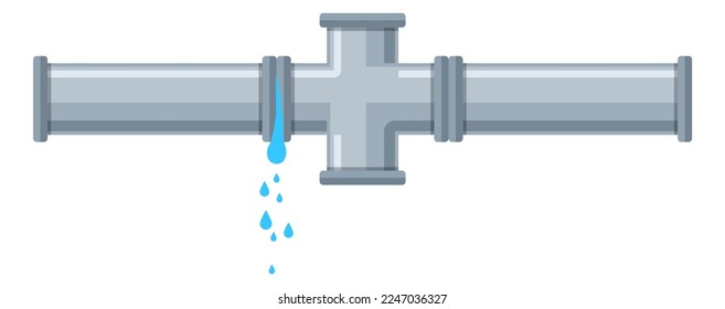 Pipe with water drops. Leaking broken sewer isolated on white background. Plumber repair, leakage problem, wet floor, cartoon flat element. Vector damaged plastic pipeline illustration