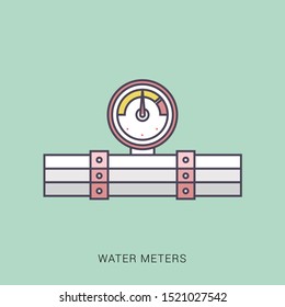 Pipe and water meter vector icon. solid color with outline concept.